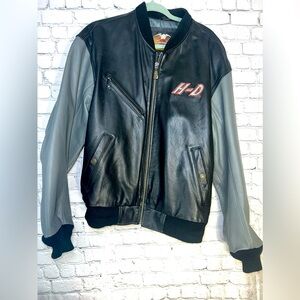 Vintage Harley Davidson H-D Black & Grey Letterman Style Leather Jacket Size M 🔥